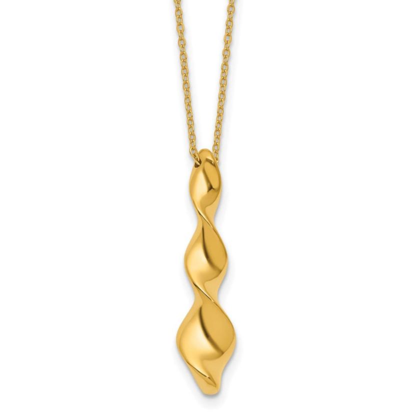 14K Yellow Gold Polished Wavy Pendant on Diamond-cut Chain with 1-inch Extension Necklace