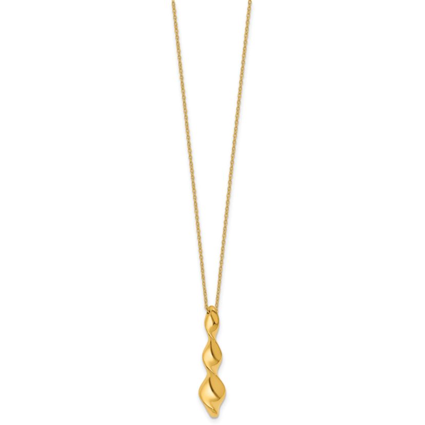 14K Yellow Gold Polished Wavy Pendant on Diamond-cut Chain with 1-inch Extension Necklace