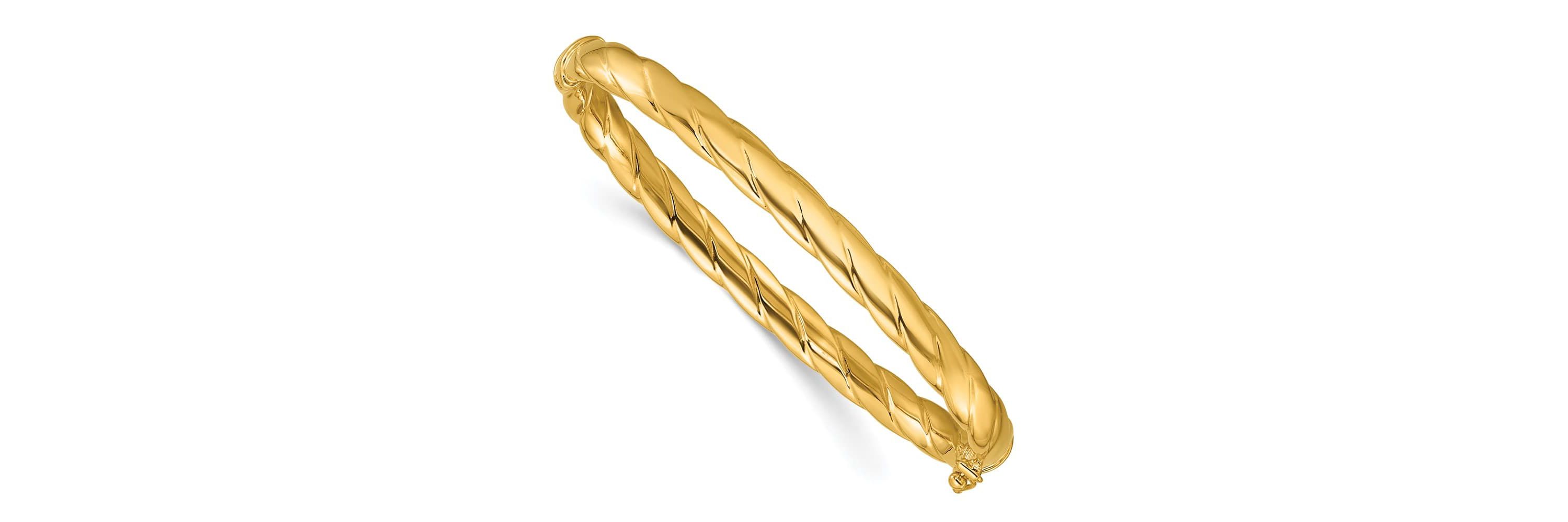 14K Yellow Gold Polished and Grooved Hinged Bangle