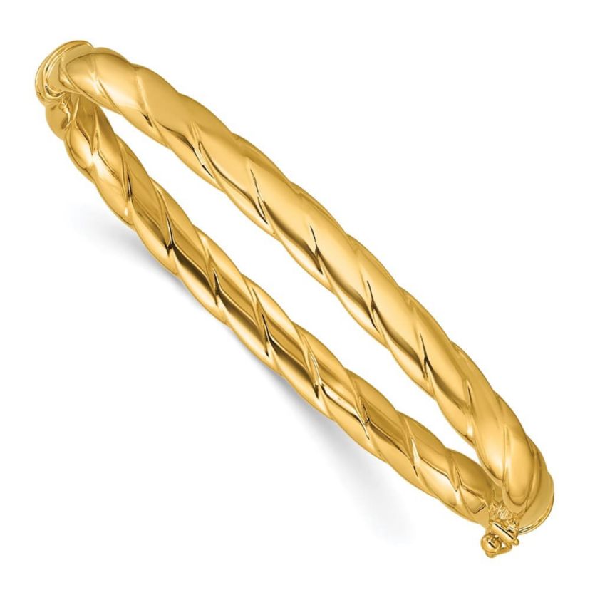 14K Yellow Gold Polished and Grooved Hinged Bangle