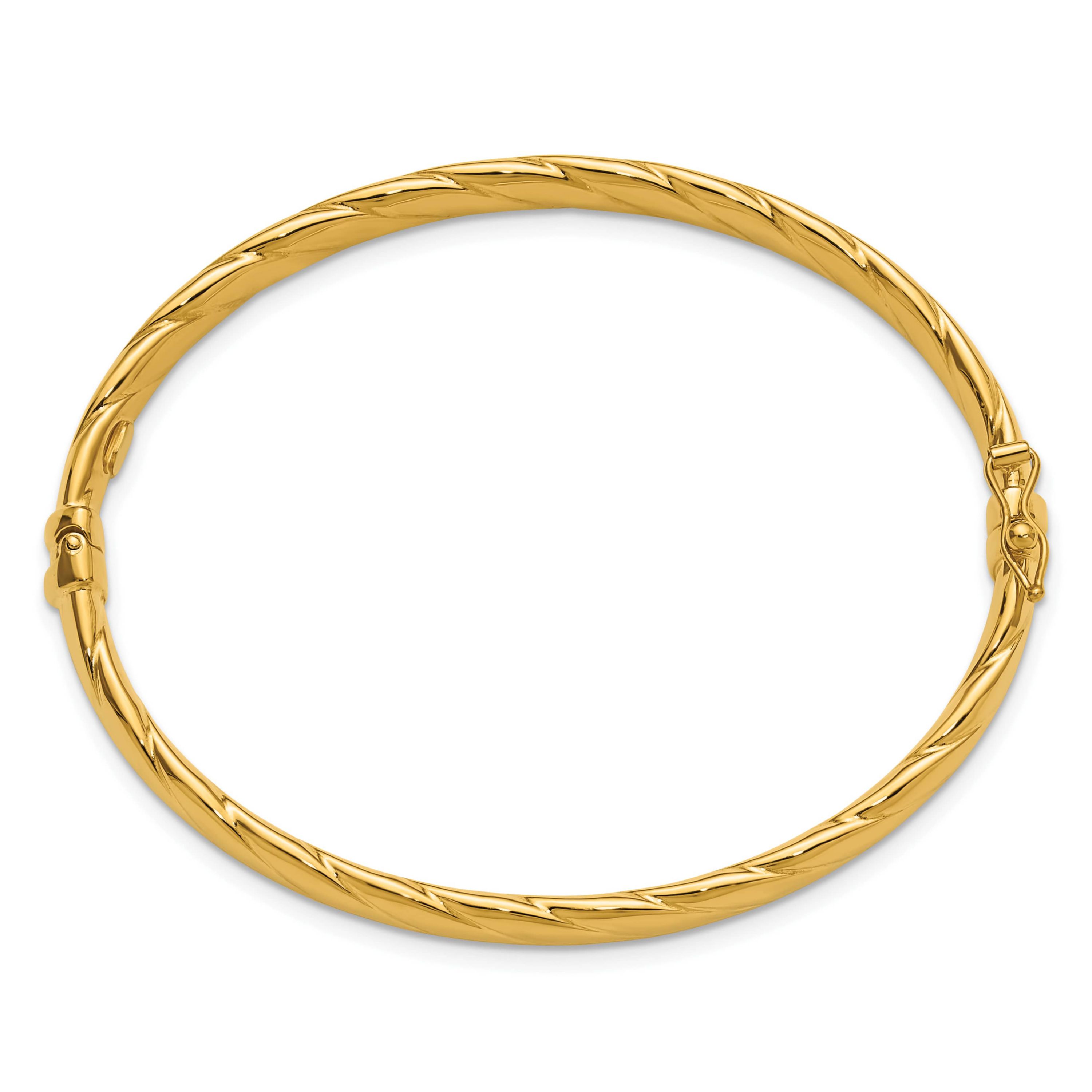 14K Yellow Gold Polished and Grooved Hinged Bangle