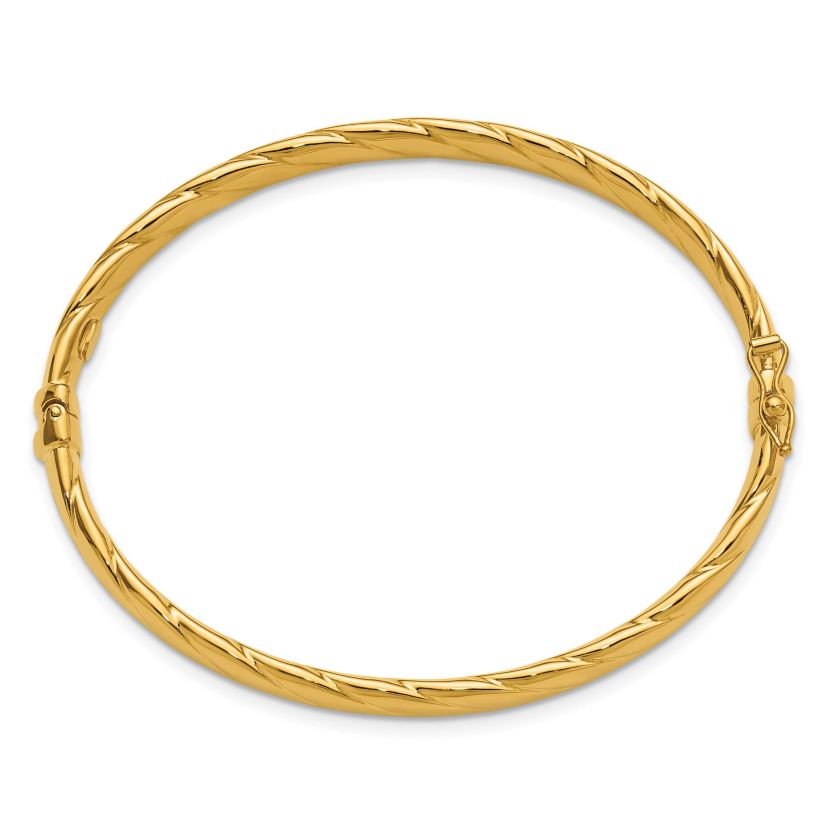 14K Yellow Gold Polished and Grooved Hinged Bangle