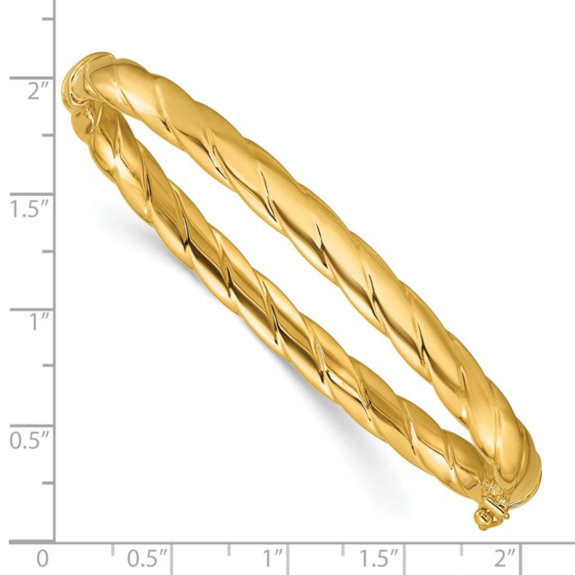14K Yellow Gold Polished and Grooved Hinged Bangle
