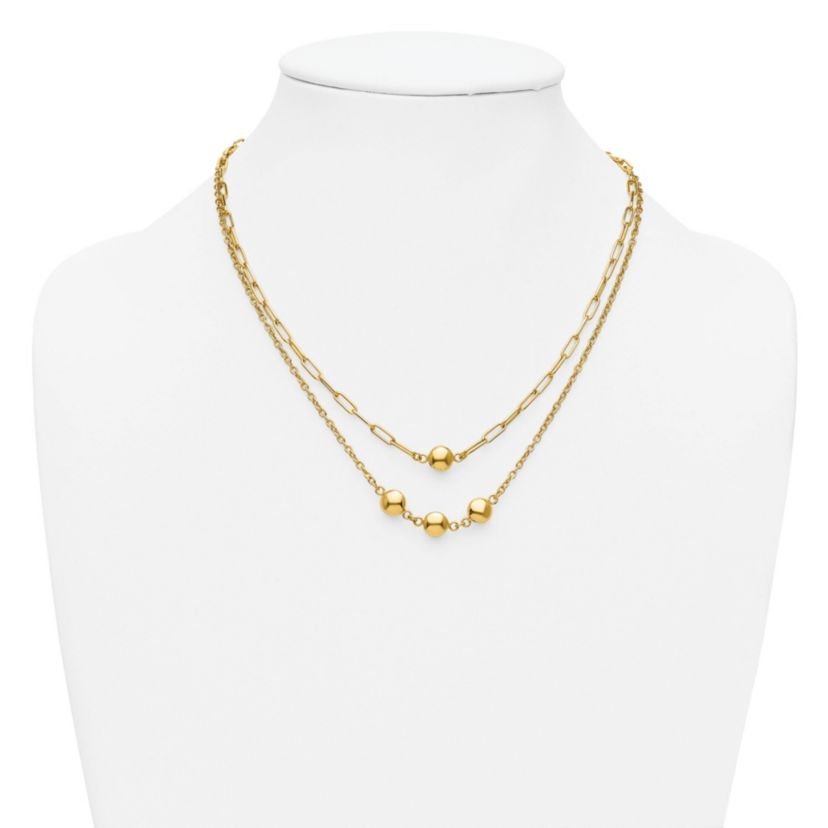 14K Yellow Gold Polished Layered Link with Beads Necklace