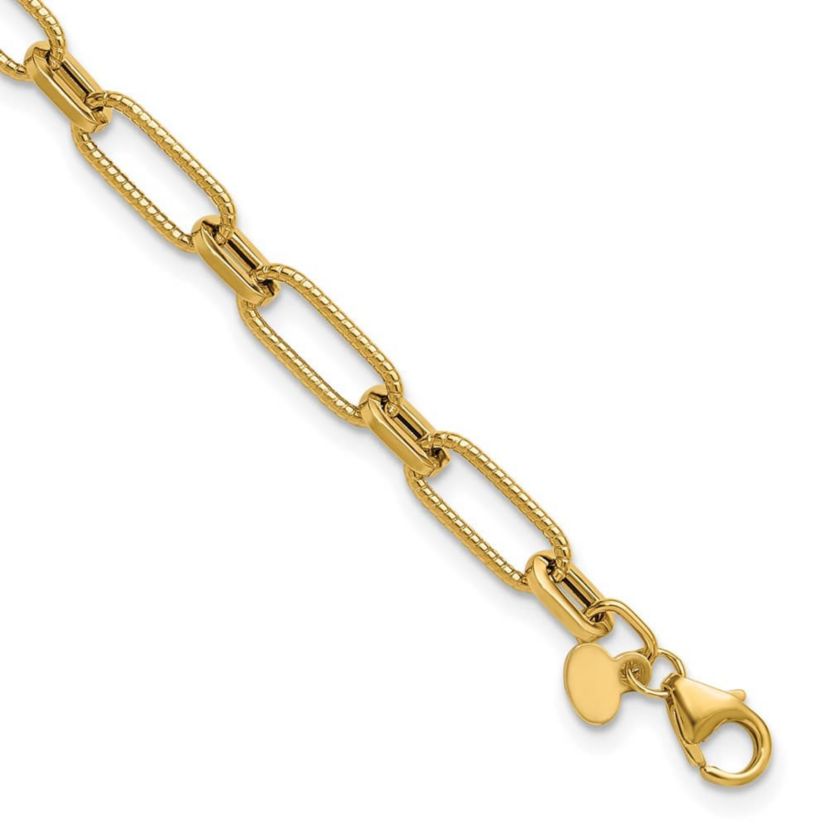 14K Yellow Gold Polished Textured Fancy Link Bracelet