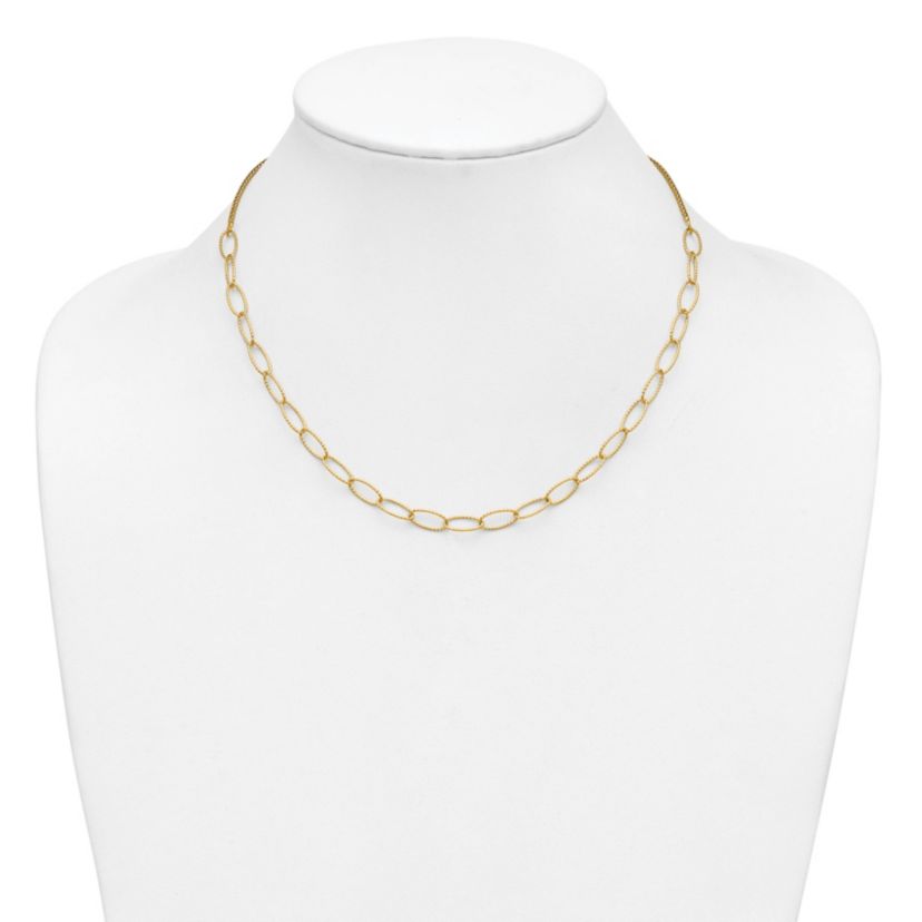 14K Yellow Gold Polished and Diamond-cut Fancy Oval Link Necklace