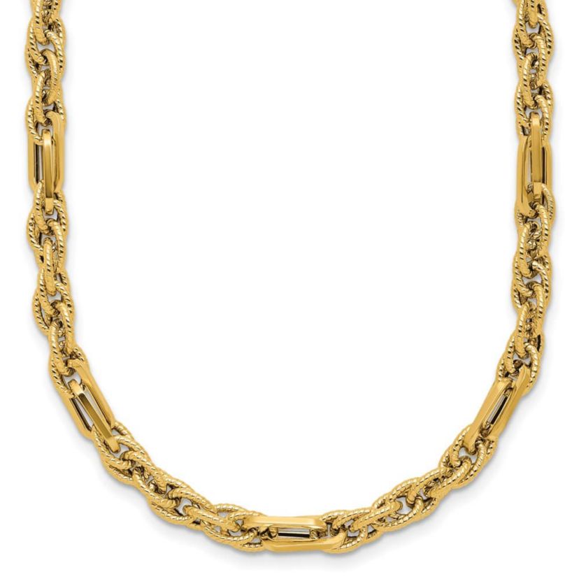 14K Yellow Gold Polished and Textured Fancy Link Necklace