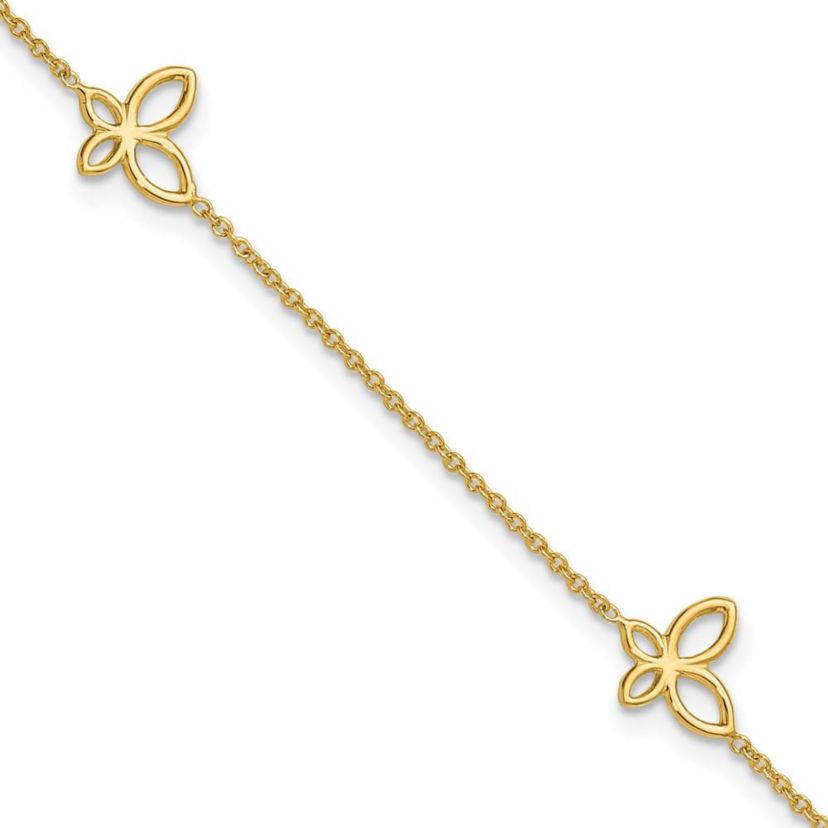 14K Yellow Gold Polished Butterfly Station 9-inch Plus 1-inch Extender Anklet
