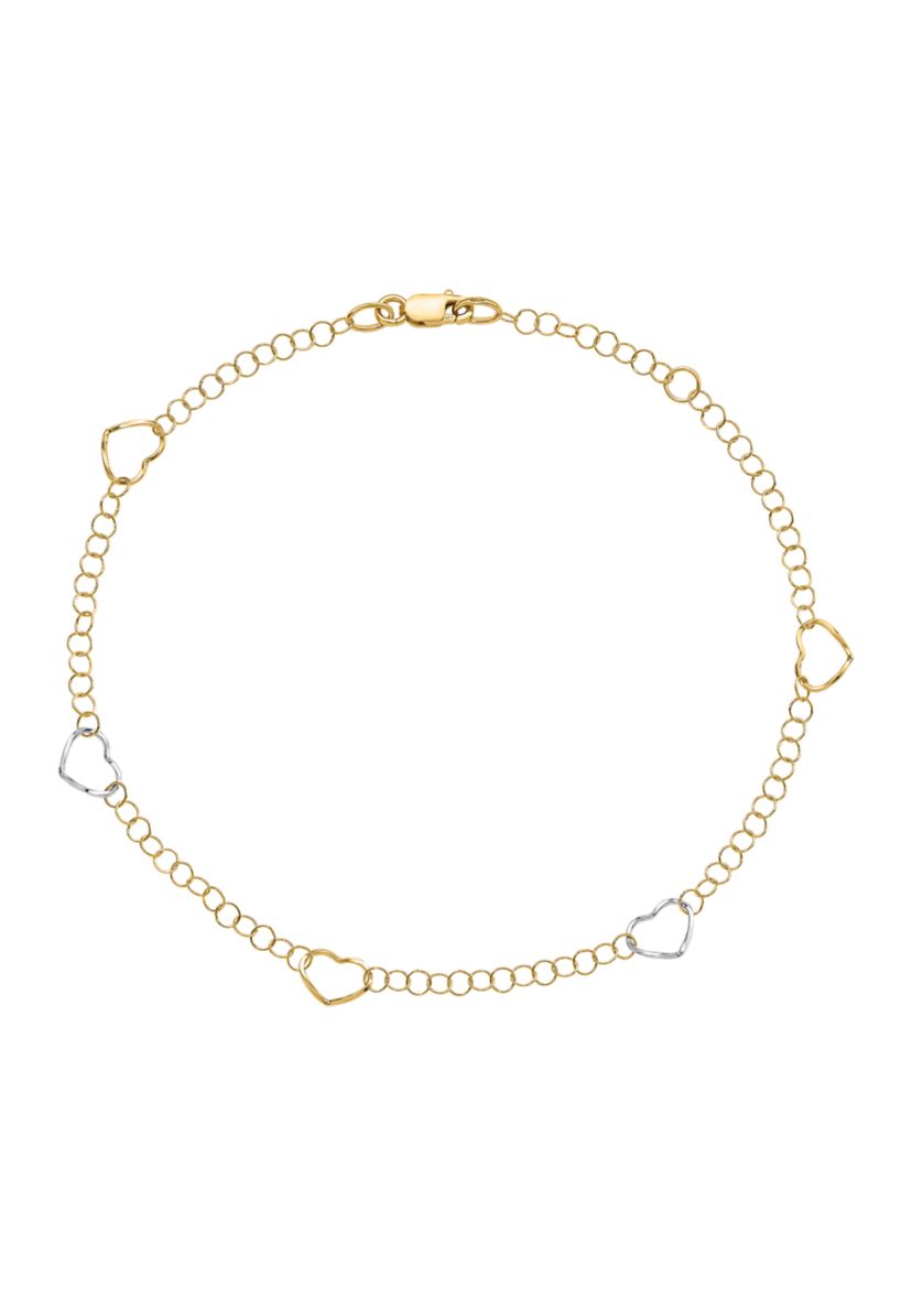 14K Two Tone Polished Heart with 1 Inch Extender Anklet