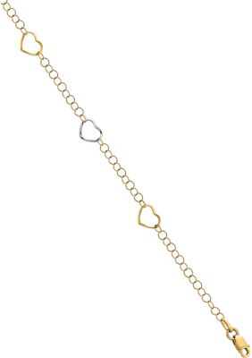 14K Two Tone Polished Heart with 1 Inch Extender Anklet