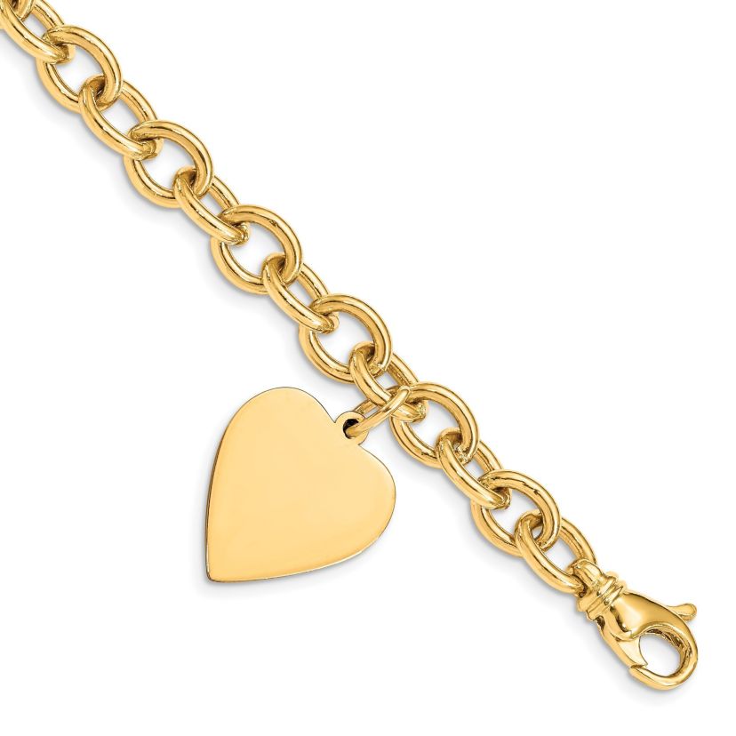 14K Yellow Gold Link with Heart Charm Bracelet