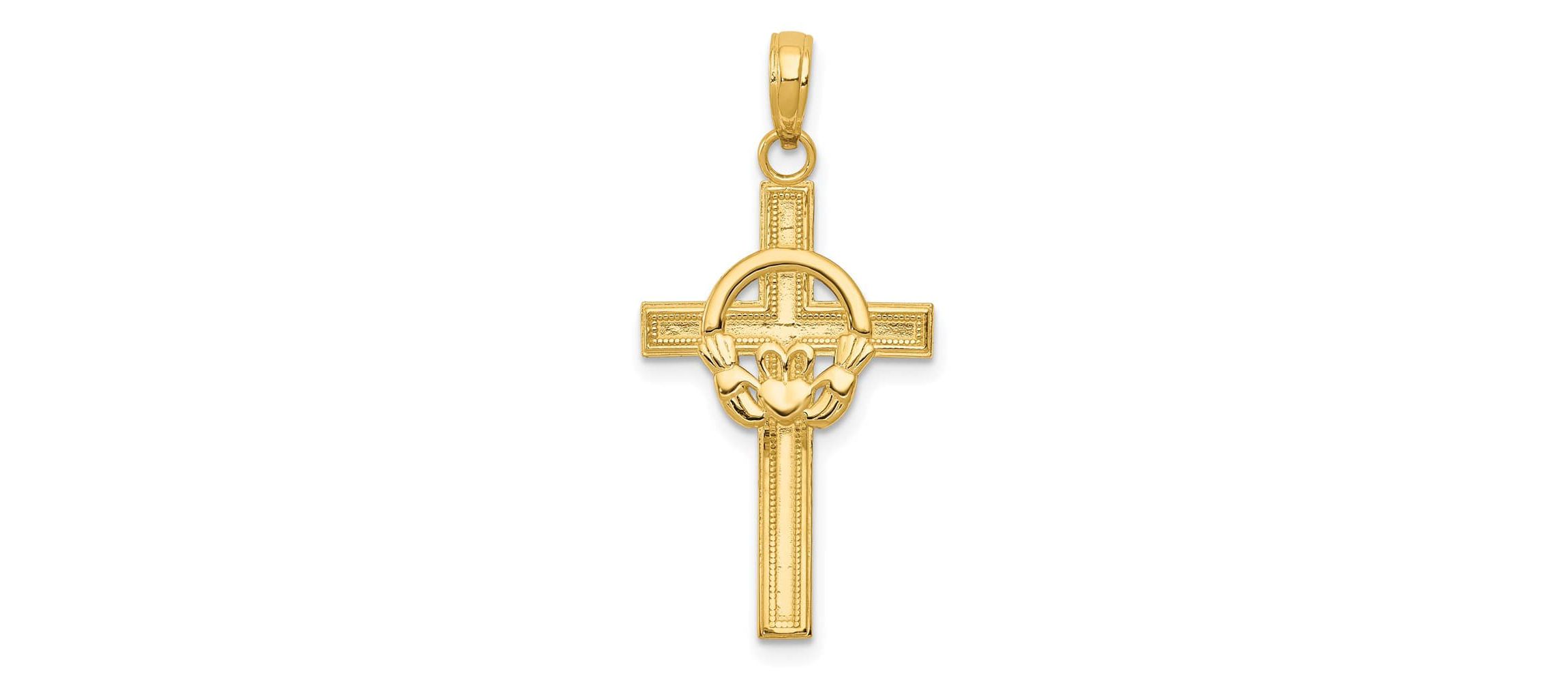 14K Yellow Gold Polished Claddagh Cross Pendant