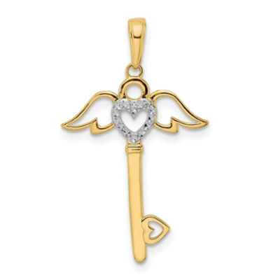 Belk & Co 14K Yellow Gold and White Rhodium Diamond-cut Heart and Angel Wings Key Pendant