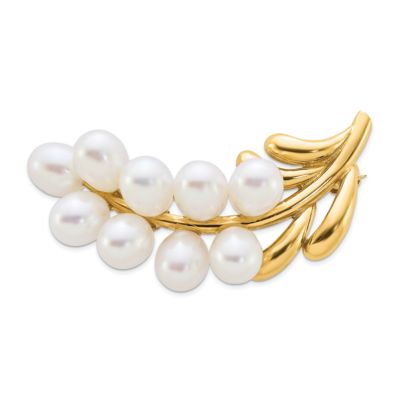 14K Yellow Gold Polished Cluster 5-6mm White Rice Freshwater Cultured Pearl Pin Brooch