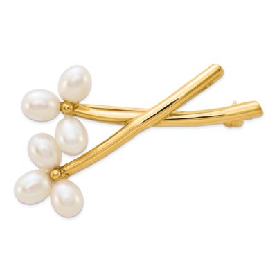 14K Yellow Gold 5-6mm White Rice Freshwater Cultured Pearl Pin