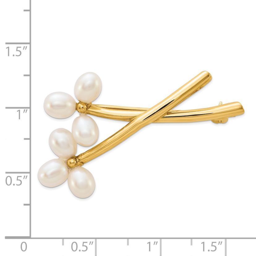 14K Yellow Gold 5-6mm White Rice Freshwater Cultured Pearl Pin