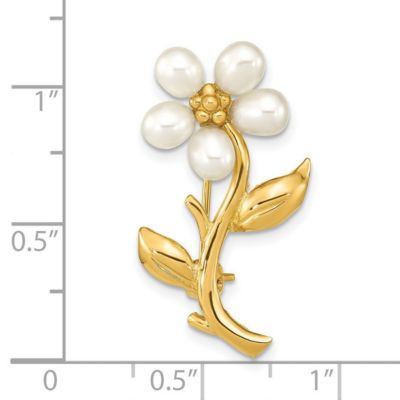 14K Yellow Gold 4-5mm Rice White Freshwater Cultured Pearl Flower Brooch