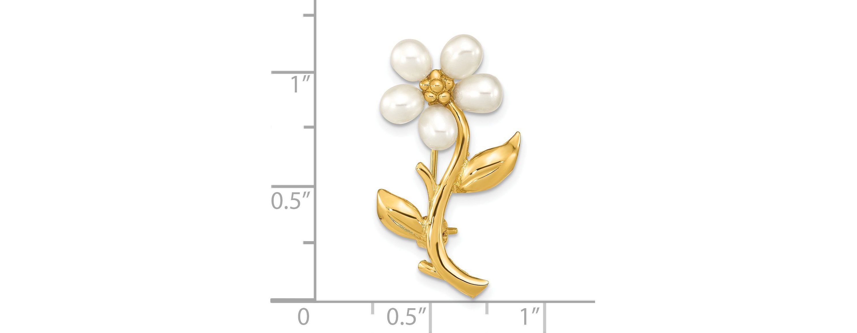 14K Yellow Gold 4-5mm Rice White Freshwater Cultured Pearl Flower Brooch