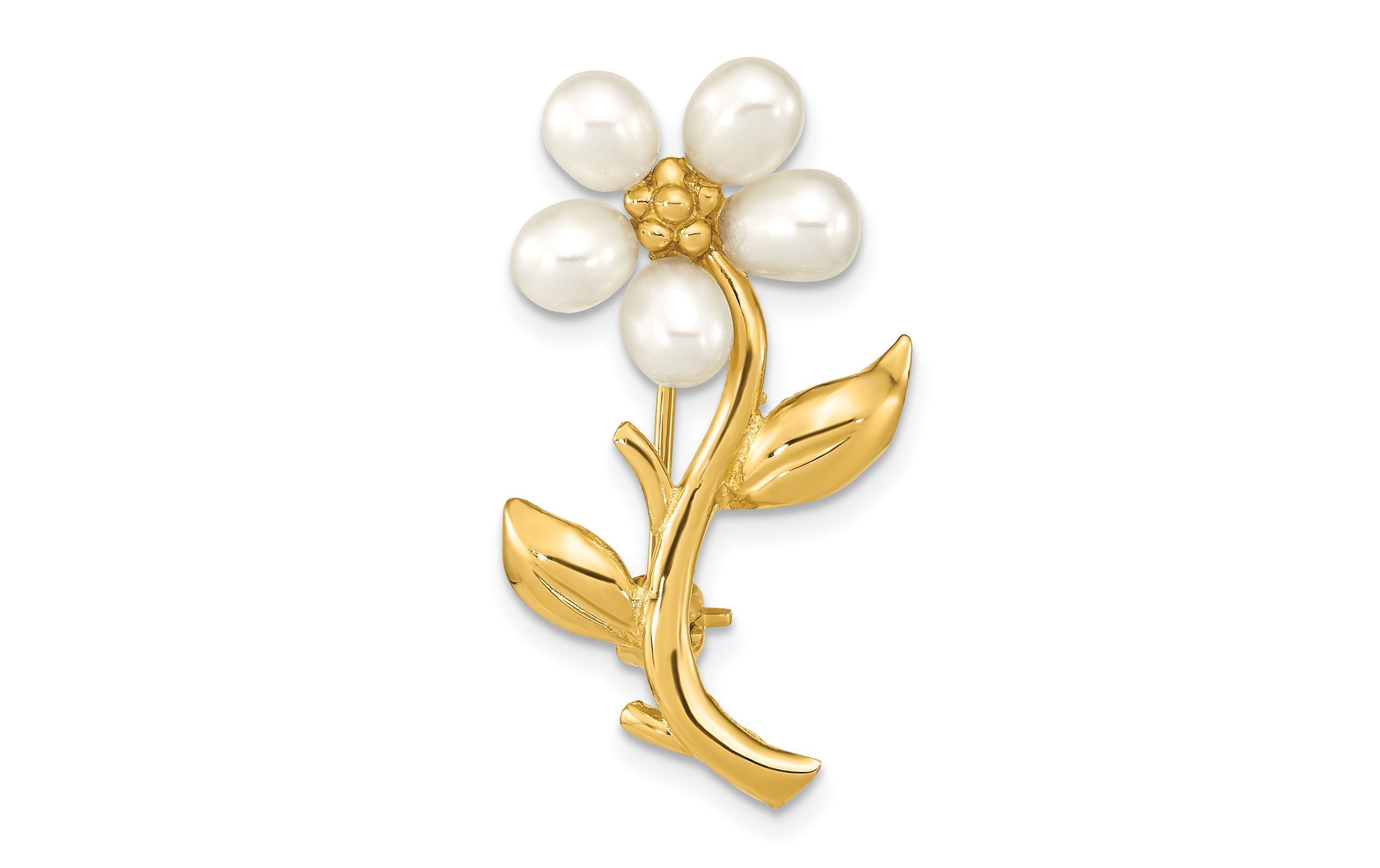 14K Yellow Gold 4-5mm Rice White Freshwater Cultured Pearl Flower Brooch