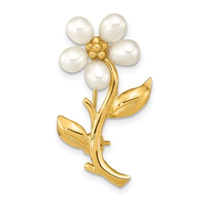 14K Yellow Gold 4-5mm Rice White Freshwater Cultured Pearl Flower Brooch