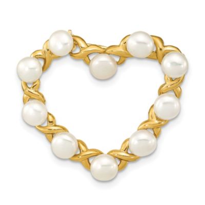 14K Yellow Gold 4-5mm Button White Freshwater Cultured Pearl Heart Brooch