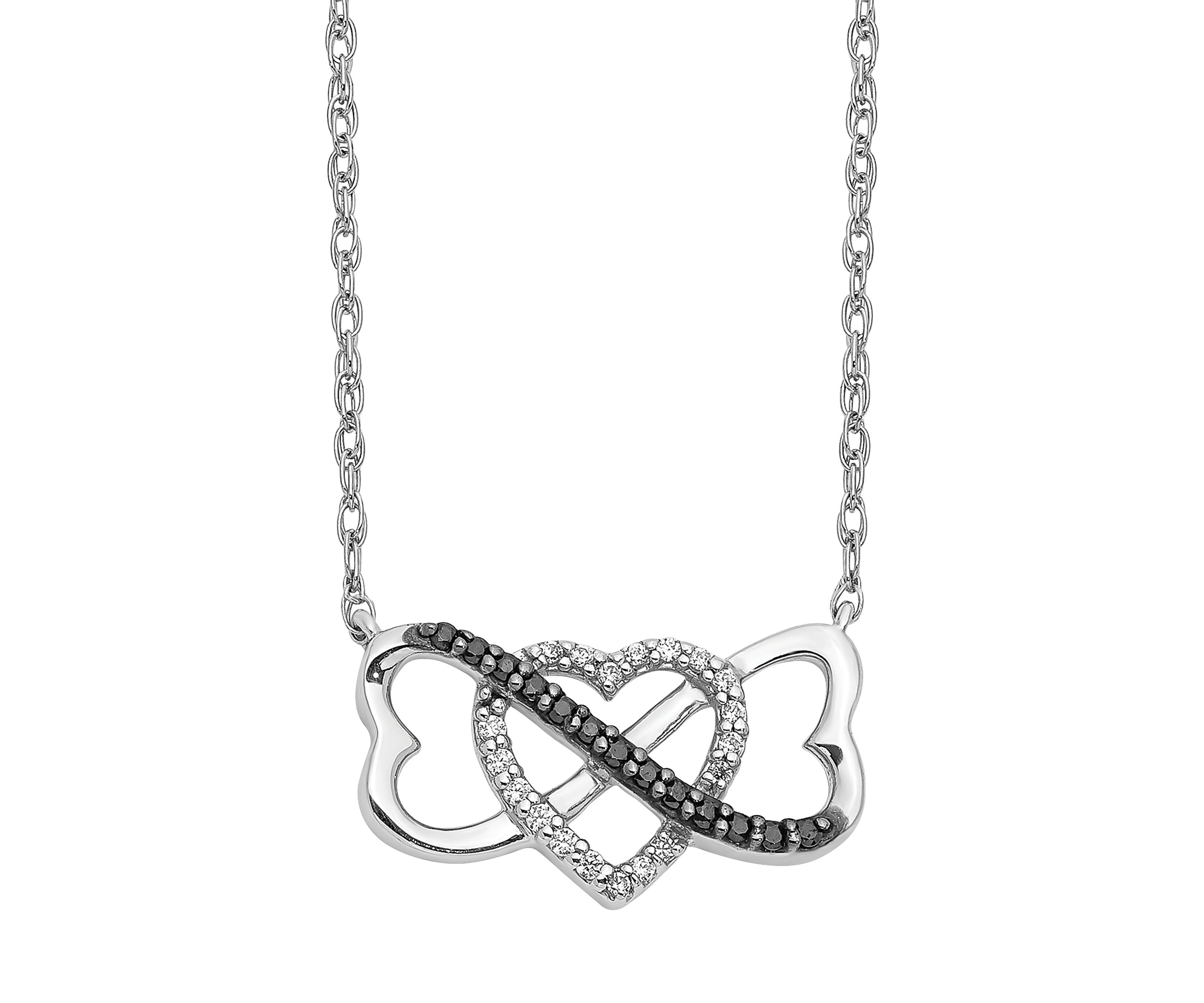 1/10 ct. t.w. Black and White Diamond Triple Heart Pendant with 18-inch Cable Chain in 14K White Gold