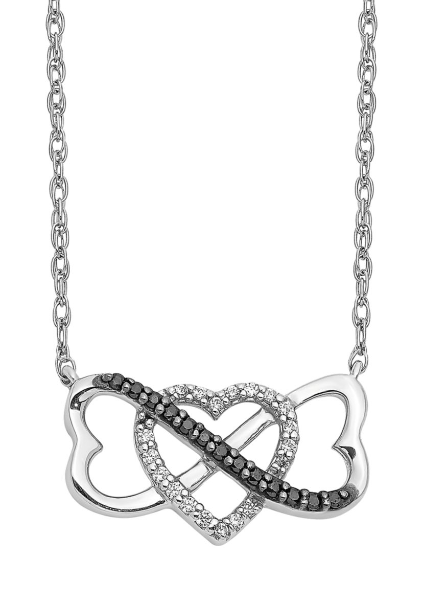 1/10 ct. t.w. Black and White Diamond Triple Heart Pendant with 18-inch Cable Chain in 14K White Gold