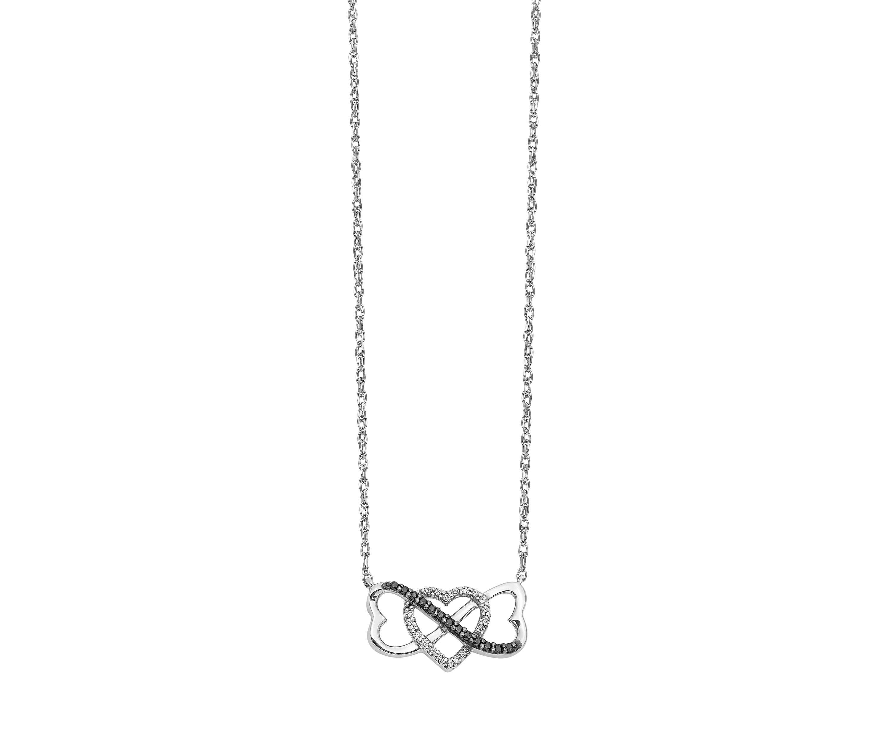 1/10 ct. t.w. Black and White Diamond Triple Heart Pendant with 18-inch Cable Chain in 14K White Gold