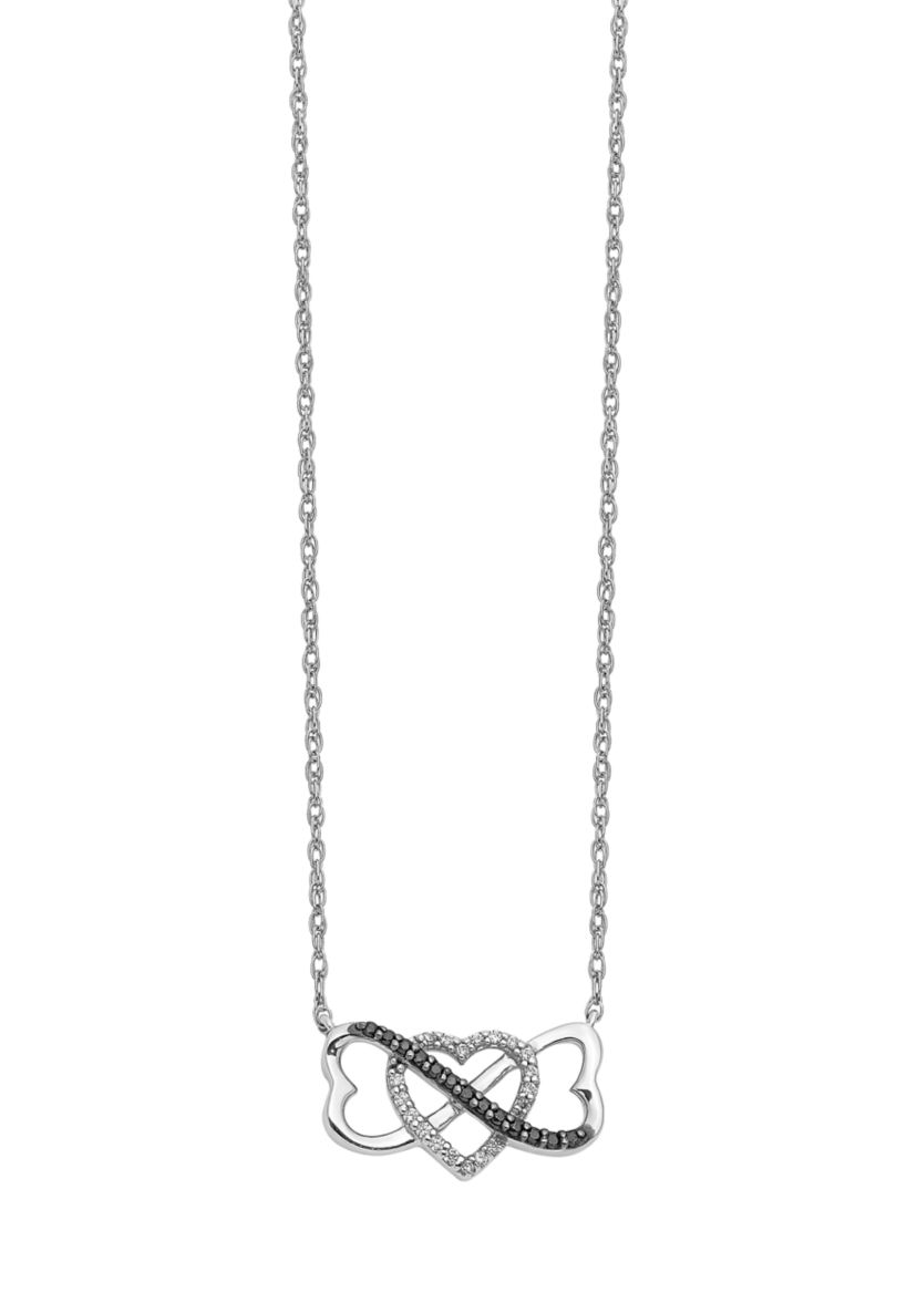 1/10 ct. t.w. Black and White Diamond Triple Heart Pendant with 18-inch Cable Chain in 14K White Gold