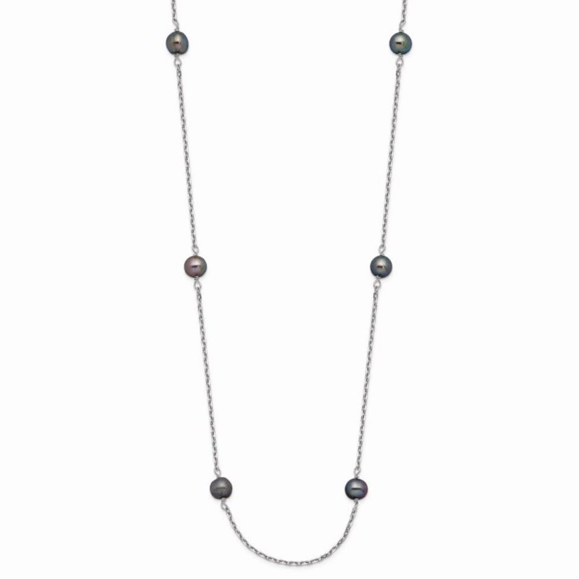 14K White Gold 4-5mm Black Near Round Freshwater Cultured Pearl 8-station Necklace