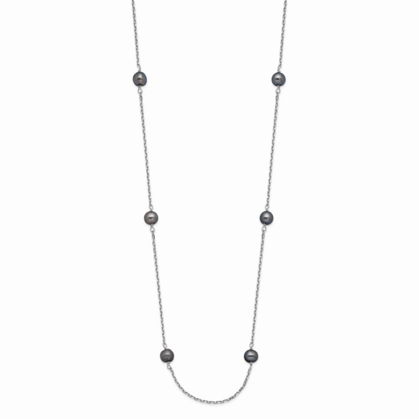 14K White Gold 4-5mm Black Near Round Freshwater Cultured Pearl 8-station Necklace