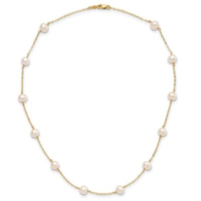 14K Yellow Gold 5.5-6.5mm White Near Round Freshwater Cultured Pearl 12-station Necklace