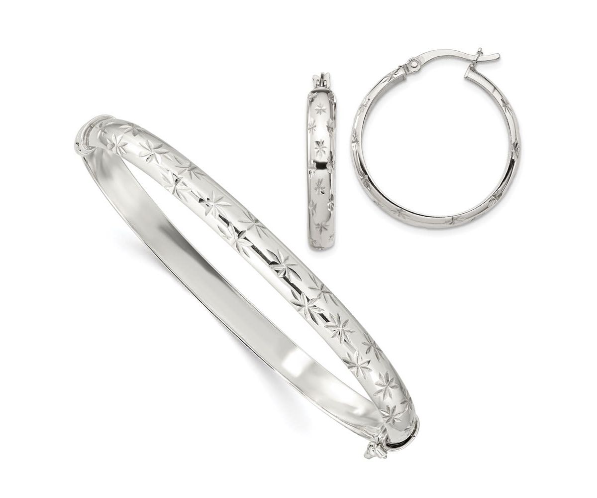 Sterling Silver Diamond-cut 6mm Bangle and 4mm Hoop Earring Set