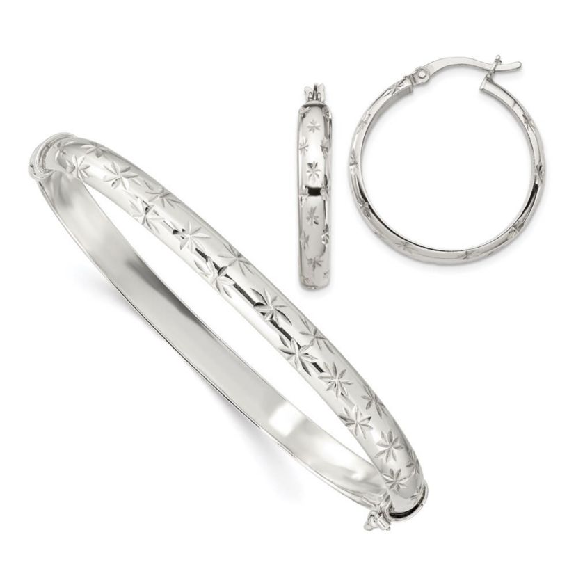 Sterling Silver Diamond-cut 6mm Bangle and 4mm Hoop Earring Set