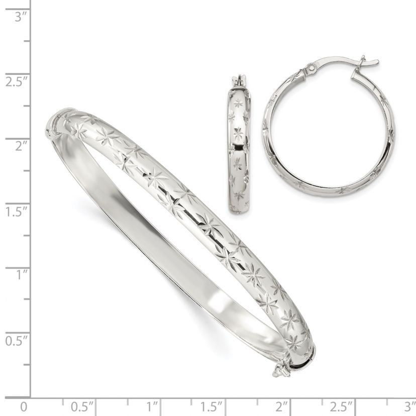 Sterling Silver Diamond-cut 6mm Bangle and 4mm Hoop Earring Set