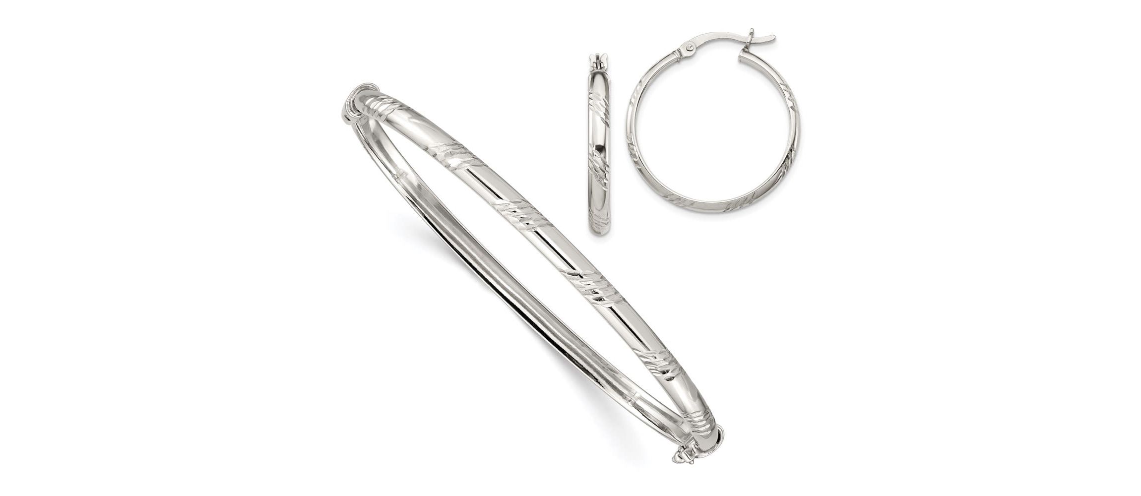 Sterling Silver Diamond-cut 4mm Bangle and 3mm Hoop Earring Set