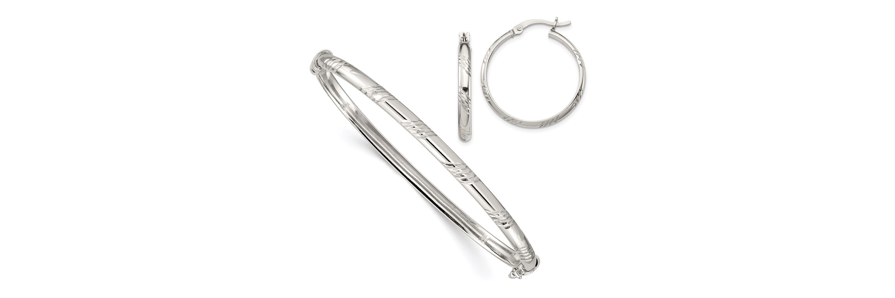 Sterling Silver Diamond-cut 4mm Bangle and 3mm Hoop Earring Set