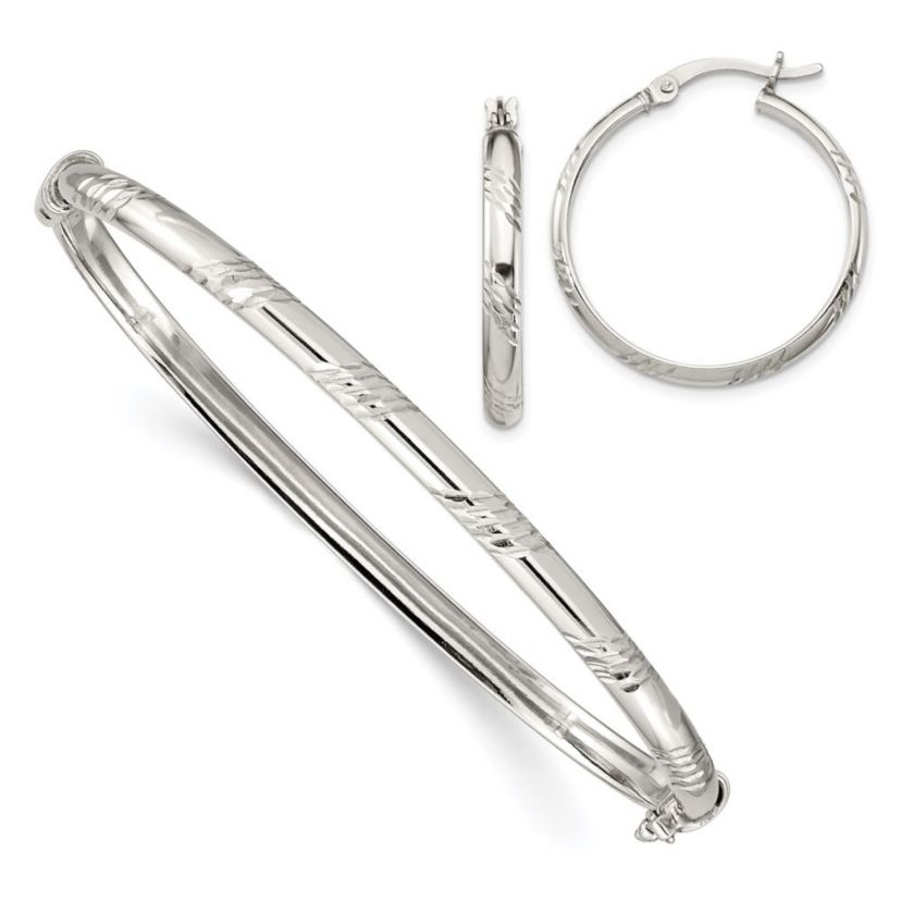 Sterling Silver Diamond-cut 4mm Bangle and 3mm Hoop Earring Set