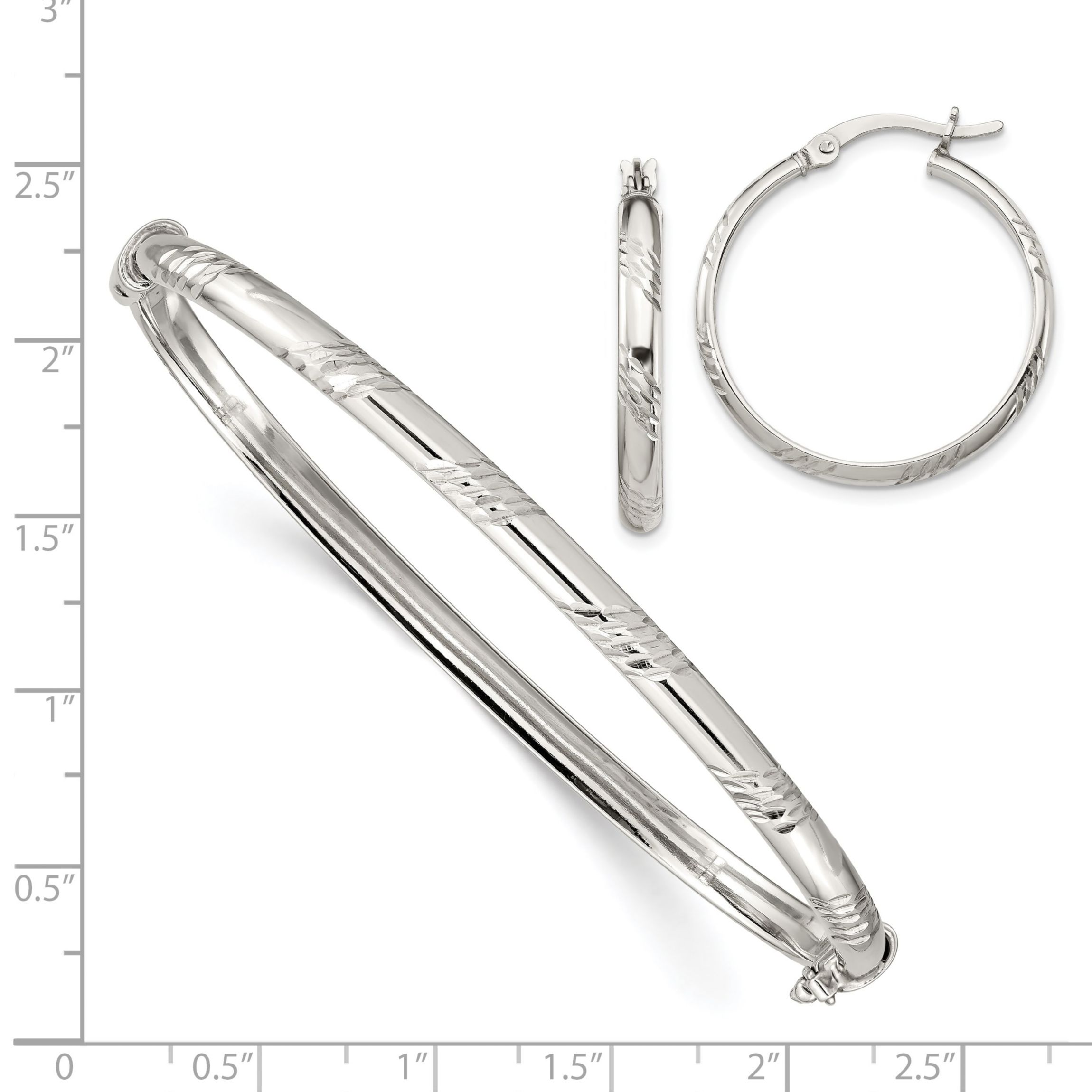 Sterling Silver Diamond-cut 4mm Bangle and 3mm Hoop Earring Set