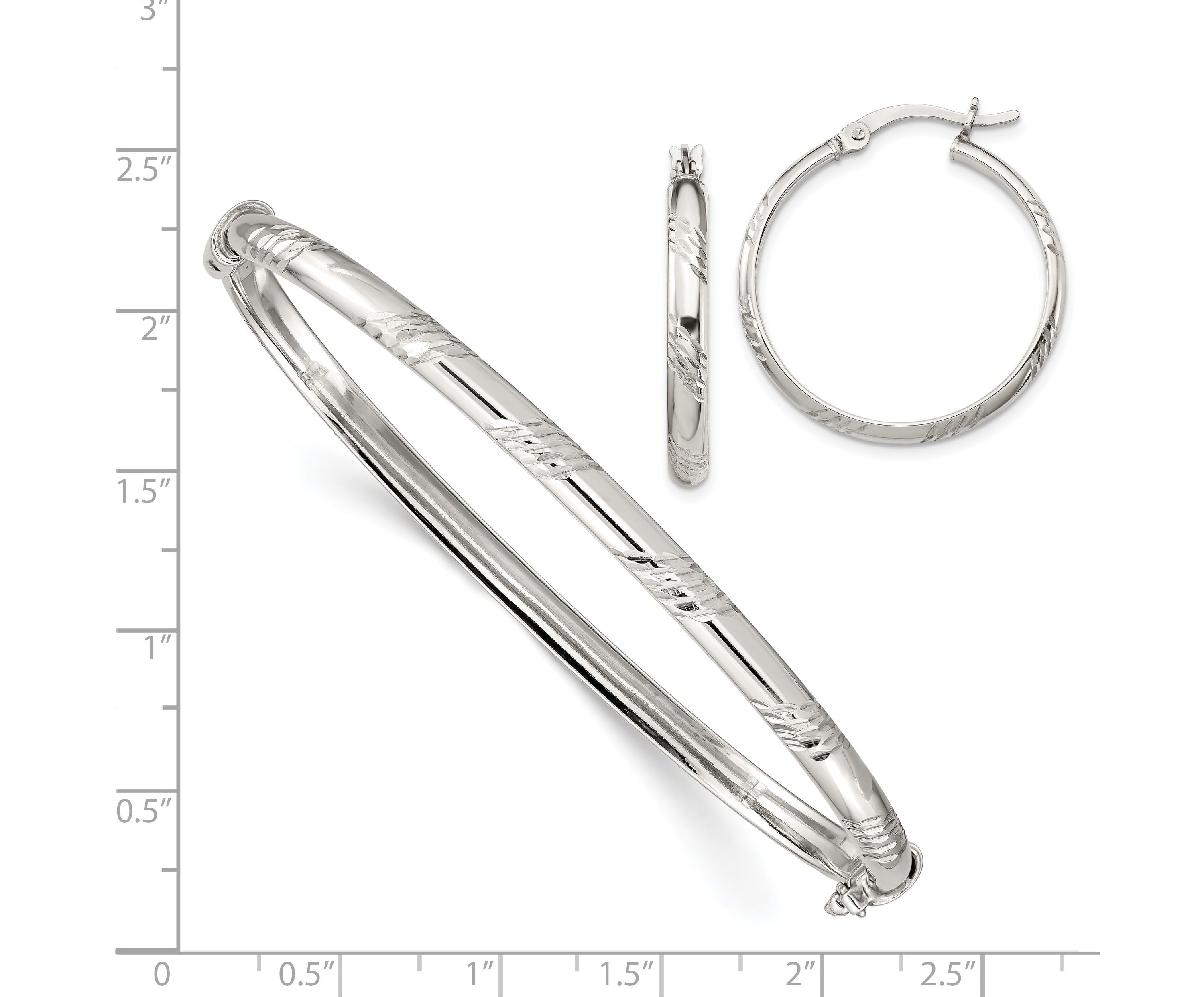 Sterling Silver Diamond-cut 4mm Bangle and 3mm Hoop Earring Set