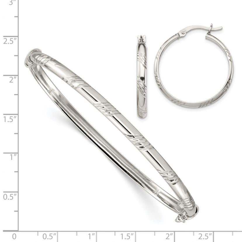 Sterling Silver Diamond-cut 4mm Bangle and 3mm Hoop Earring Set
