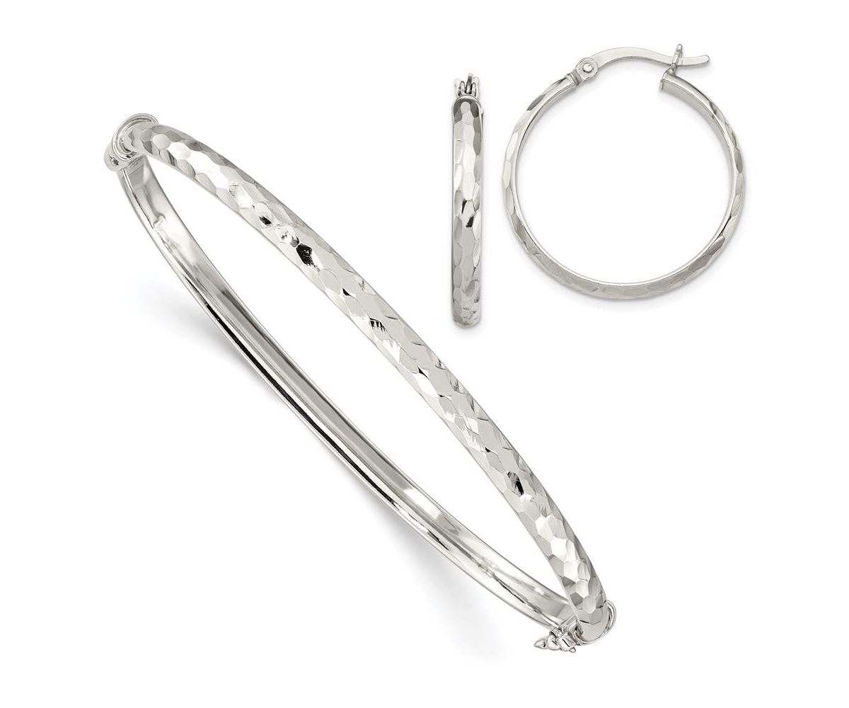 Sterling Silver Diamond-cut 4mm Bangle and 3mm Hoop Earring Set