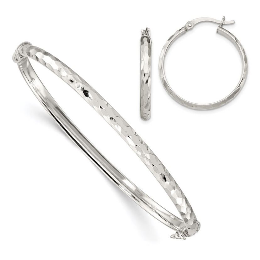 Sterling Silver Diamond-cut 4mm Bangle and 3mm Hoop Earring Set