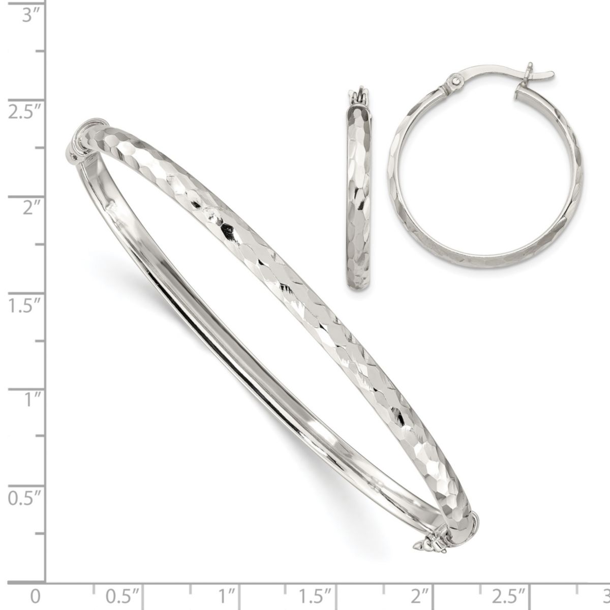 Sterling Silver Diamond-cut 4mm Bangle and 3mm Hoop Earring Set