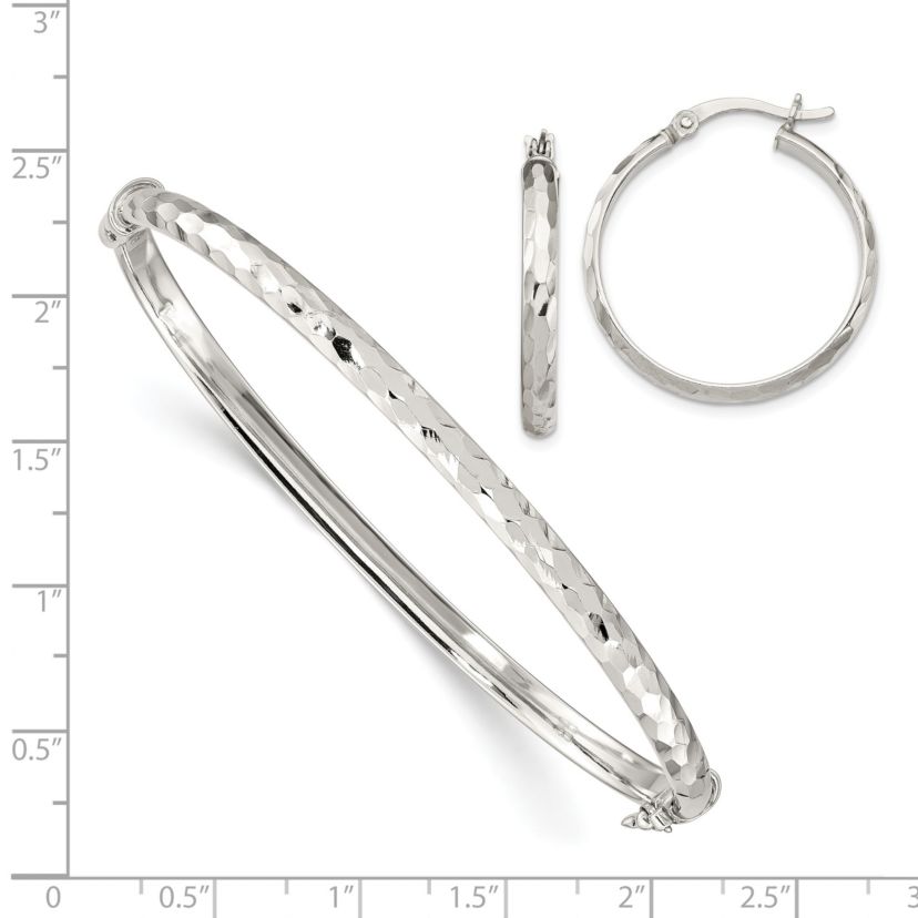 Sterling Silver Diamond-cut 4mm Bangle and 3mm Hoop Earring Set