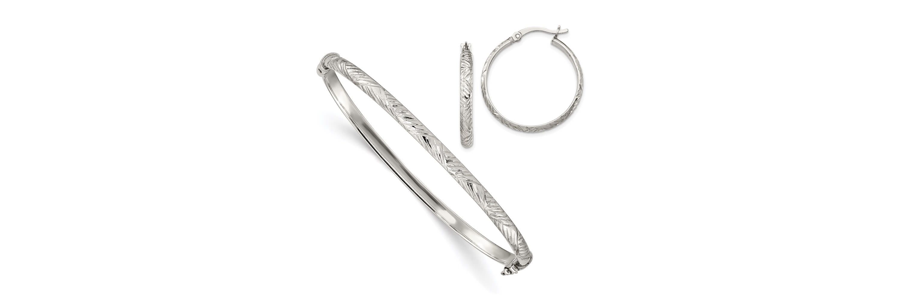 Sterling Silver Diamond-cut 4mm Bangle and 3mm Hoop Earring Set