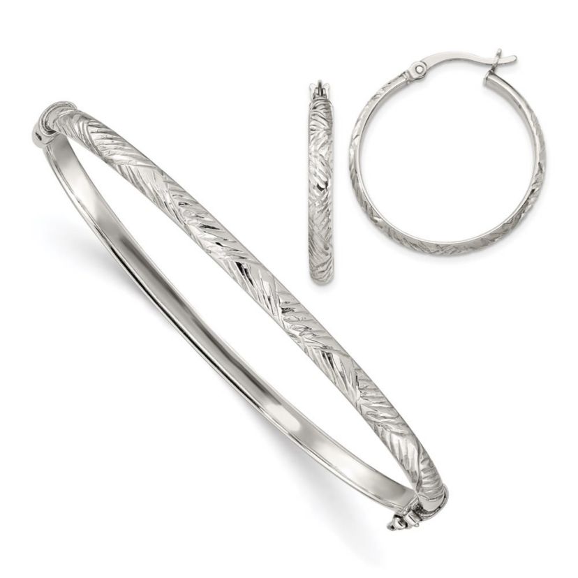 Sterling Silver Diamond-cut 4mm Bangle and 3mm Hoop Earring Set