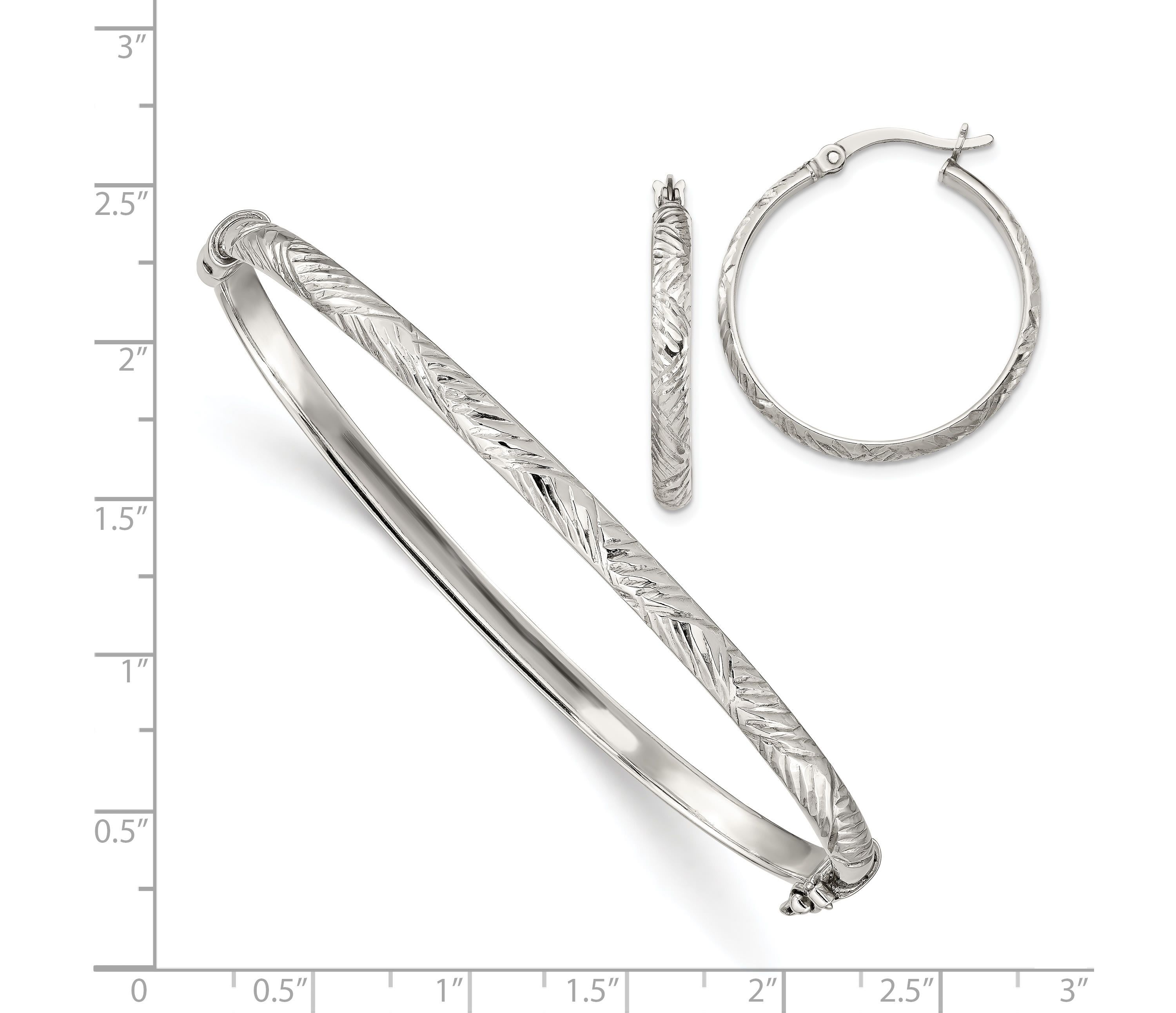 Sterling Silver Diamond-cut 4mm Bangle and 3mm Hoop Earring Set
