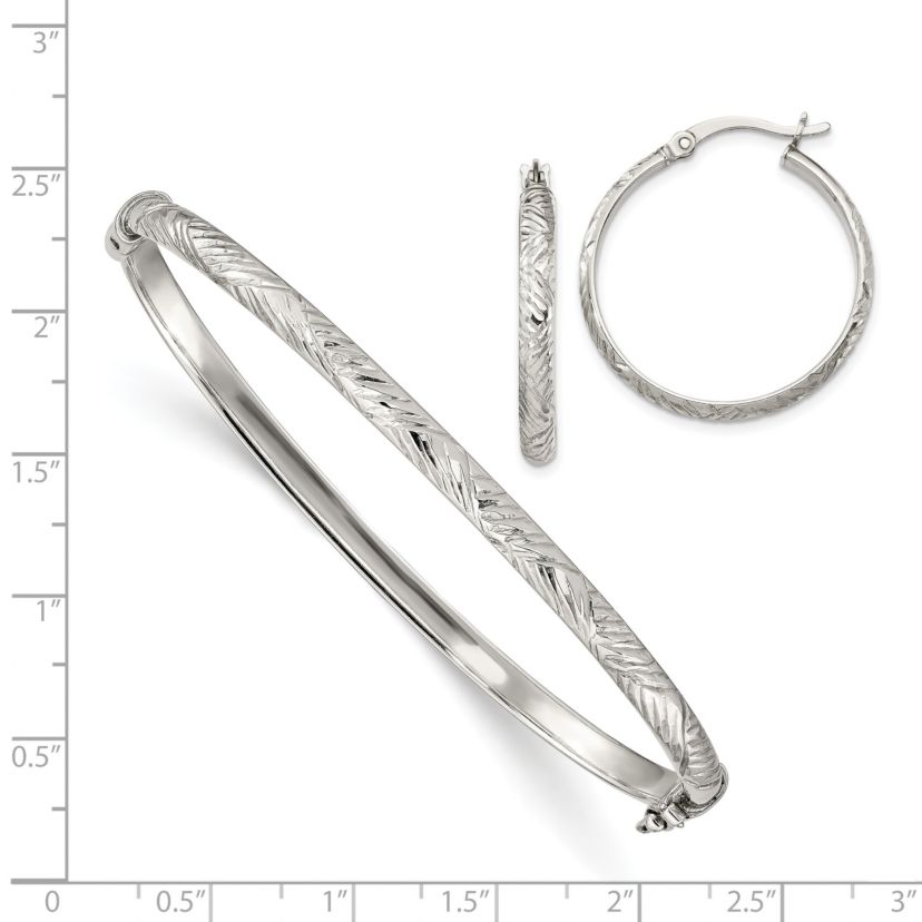 Sterling Silver Diamond-cut 4mm Bangle and 3mm Hoop Earring Set