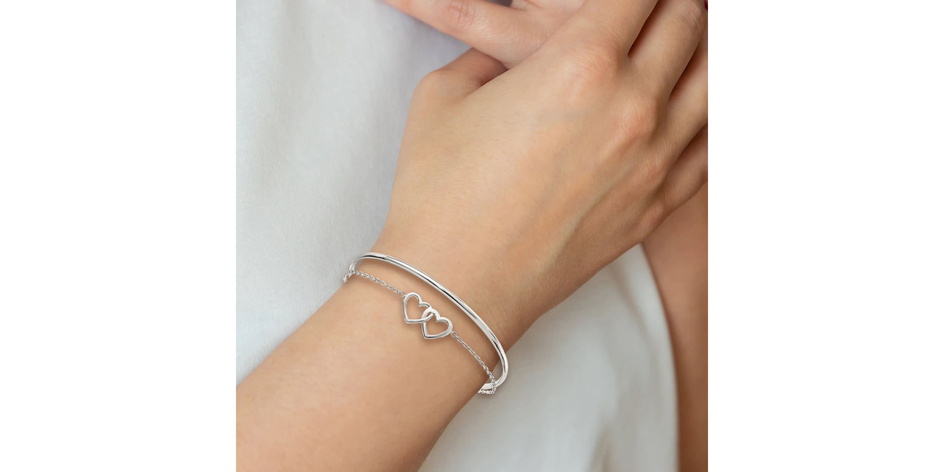 Sterling Silver Polished Double Heart and Bangle